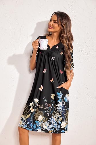 Image of Ekouaer 2 Pack House Dresses for Women with Pockets Short Sleeve Moo Moos Floral Print Mumu Dresses
