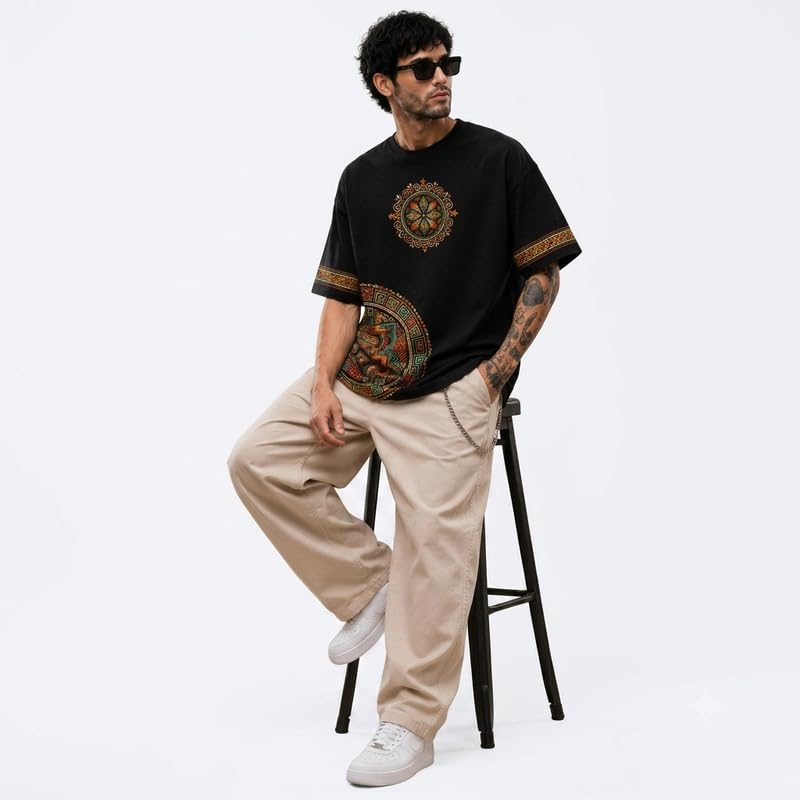 Image of DARREN LUKE Men's Premium Oversized Graphic T-Shirt, Aztec & Mandala Tribal Art Print, Heavyweight Cotton Streetwear Tee, Casual Ethnic Pattern Crewneck