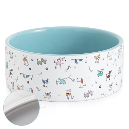 Fun Elements Ceramic Dog Bowls - Large 64 Fl Oz Heavy Duty Adorable Dog Patterns (Large Blue)