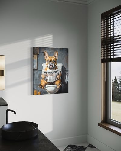 Image of French Bulldog on Toilet Wall Art Print Canvas Wrapped, Dog Bathroom Humor Decor Posters Prints for Restroom Home Picture Painting Artwork Gallery 7 (French Bulldog, 20 inchL x 16 inchW CANVAS, Wrapped Canvas)
