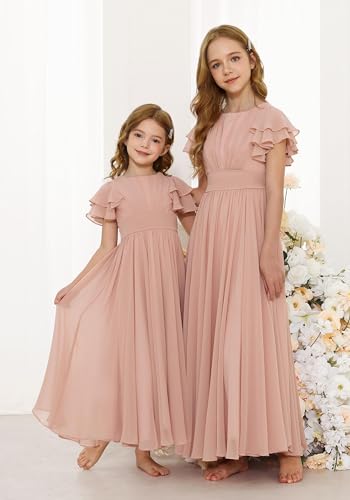 Girls Ruffle Sleeves Chiffon Flowing Long Flower Girl Dresses O-Neck Toddler Wedding Party Bridesmaid Maxi Dress4