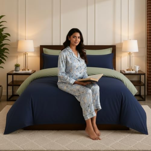 Image of Duvet Cover Single Size Bed (60x92 Inch) 1 Duvet Cover + 4 Pillow Covers with Zipper 600 TC Cotton Reversible Luxurious Quilt, Comforter, Rajai, Blanket Cover (Sage /Navy Blue)