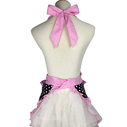 Hyzrz Cute Apron Retro Black Polka Dot Retro Ruffle Side Vintage Cooking Aprons With Pockets For Women Girls (Side Pink) #TOP3