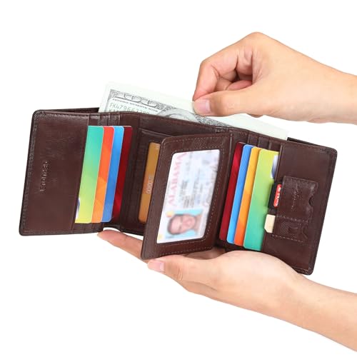 Trifold Wallets for Men Genuine Leather Large Capacity RFID Blocking, Includes Id Window and Credit Card Holder,Mens Wallets Leather (Coffee)4