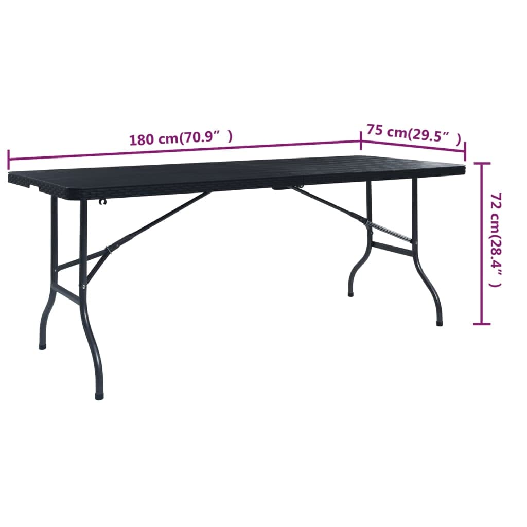 Tavolo da giardino pieghevole, nero, 180 x 75 x 72 cm, HDPE, effetto rattan, resistente alle intemperie, stabile, leggero, con maniglia per il trasporto, ideale per balcone, terrazza, esterni