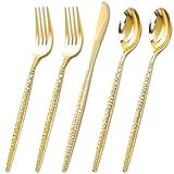 Rubtlamp 180 Pcs Gold Plastic Silverware - Disposable Plastic Utensils - Hammered Plastic Forks And Spoons - Gold Plastic Cutlery Set Include 60 Forks, 60 Knives And 60 Spoons for Party