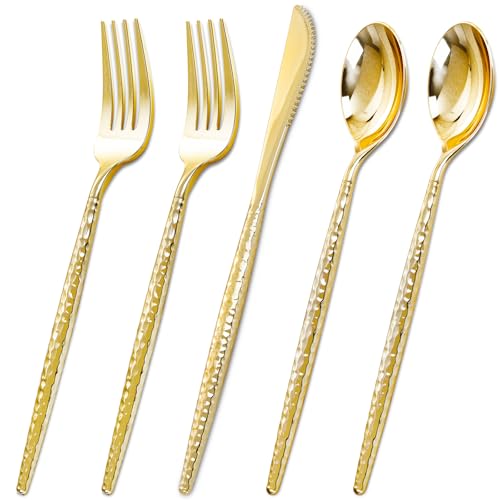 Rubtlamp 180 Pcs Gold Plastic Silverware - Disposable Plastic Utensils - Hammered Plastic Forks And Spoons - Gold Plastic Cutlery Set Include 60 Forks, 60 Knives And 60 Spoons for Party