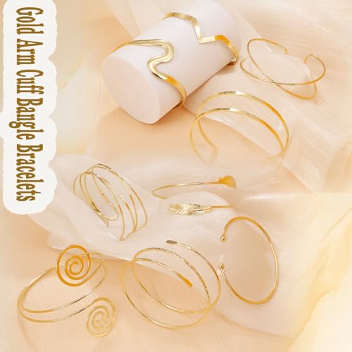 BROCC 9PCS Gold Arm Cuff Bangle Bracelets for Women Bangle Armband Coil Swirl Upper Armlet Arm Cuff Bracelets Simple Adjustable Armband Jewelry Set3