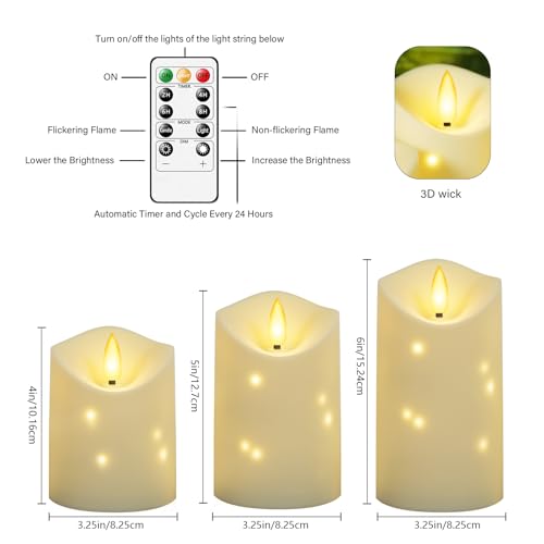 Image of kakoya Outdoor Waterproof Flickering Flameless Candles with Embedded Star String,3Pcs LED Pillar Candles Battery Operated with Remote and Timers for Courtyard,Porch,Camping,Holiday Decoration(Ivory)