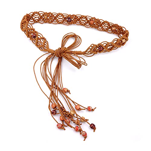 Waist Belt, Beads Decors Bohemian Waist Belt Women Elastic Belt Ethnic Braided Belt Thin Waistband Brown Waist Rope