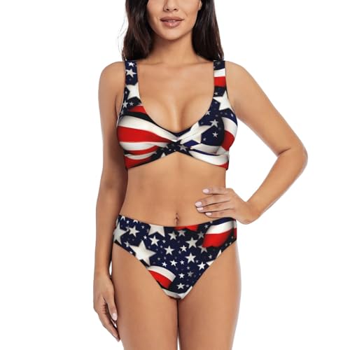 Maillot de bain 2 pièces américain pour femme à rayures et motifs étoiles