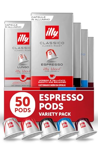 Image of illy Espresso Compatible Capsules, Coffee Pods for Nespresso Original Line Machine, Classico, Forte, Intenso, Decaf, Lungo Roasts, 100% Arabica, Premium Italian Coffee, Single Serve, 10 Count, 5 Pack | Coffee Pods for Espresso Original Line, Compatible Capsules, 100% Arabica, Premium Italian Coffee