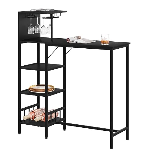 WOLTU Table de Bar, Console Industrielle avec Rangement à 4 Niveaux et 2 Porte-Verres, Plateau et Étagères en Noir, Cadre en Acier Noir, Table Mince pour...