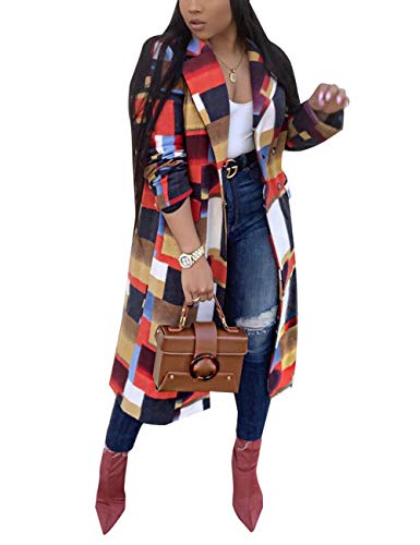 Long Sleeve Color Block Lapel Collar Trench Wool Coat with Breasted &Pockets for Ladies Plaid M