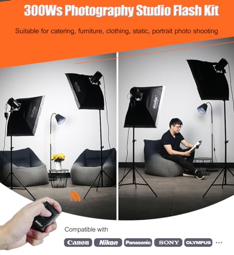 Godox 2pcs MS300V 600W Studio Strobe Flash Light Kit,2.4G Bowens Mount Lighting Flash GN58 5800K with AT-16 Trigger,Light Stands,Softboxes,Umbrella,Reflector,Carry Bag for Portrait Product Photography