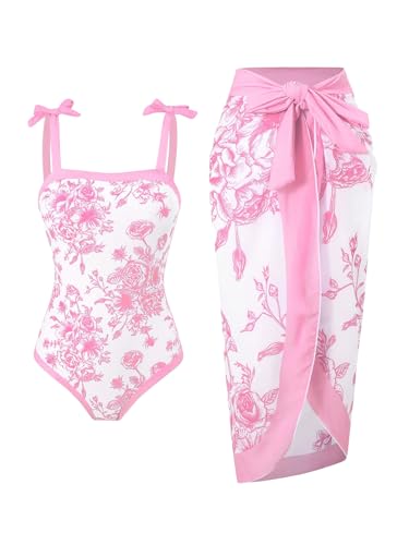 Image of SHENHE Girl's Floral One Piece Swimsuit with Cover Up Sarong Wrap Tie Bow Cute Bathing Suits