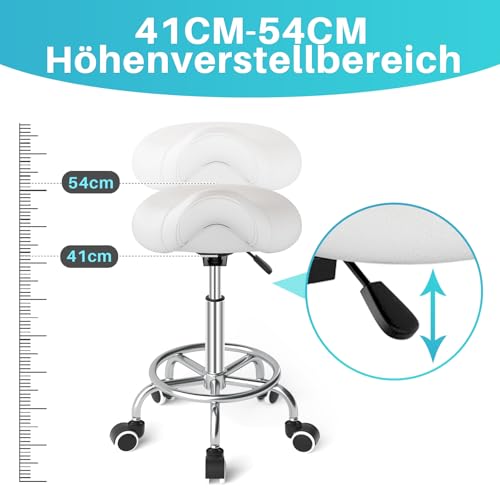 YEEZEE Sattelhocker Ergonomisch - Bequemer Sattelstuhl mit einem Breiten Sattelsitzkissen, drehbarer, Verstellbarer Sattelhocker mit Rollen und Ringpedal für Medizin,Massage, Schwarz & Weiß Set