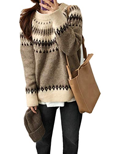 TACO（タコ） ニット 起毛 ノルディック柄 クルーネック 丸首 セーター レディース ジャガード プルオーバー 北欧風 エスニック トップス 春 カジュアル ゆったり 可愛い 3色