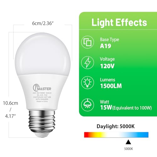 JIANGSILING A19 LED Light Bulb, 100W Equivalent Light Bulbs, 15W 5000K Daylight, 1500 Lumens, Non-Dimmable LED Bulb, E26 Standard Base for Indoor and Outdoor, Energy Efficient ETL Listed, 12-Pack by JIANGSILING - Used condition - Image 2