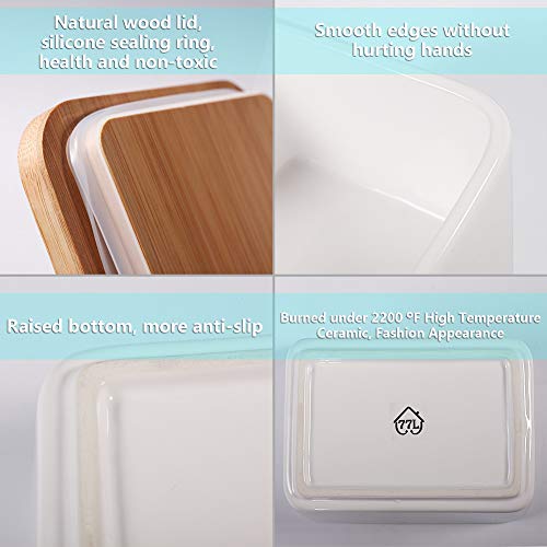 77L Butter Dish - Ceramic Butter Dishes Perfect for 2 Sticks of Butter, Multi - purpose Butter Container with Wooden Lid for Kitchen, Large Butter Holder (White)