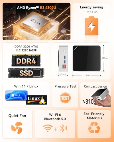 Image of MOREFINE M7 Mini PC, AMD Ryzen 4300U(Beats 3500U /N150 /N97,Up to 3.7 GHz) Mini Computers, 16GB DDR4 512GB SATA SSD Mini Desktop Computers, 4K Triple Display WiFi5 BT4.2 Micro Small Pc for Business