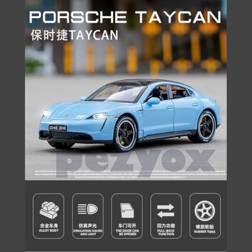 Image of Porsche Taycan 1:32 Scale Exclusive Alloy Metal Pull Back Die-cast Car Model with Sound Light Mini Auto Toy for Kids (Blue)