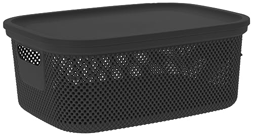 Muddy Hands Decorative Plastic Storage Box with Lid Home Kitchen Bedroom Bathroom Office Stackable Lidded Basket Container (12 Litre, Dark Grey)