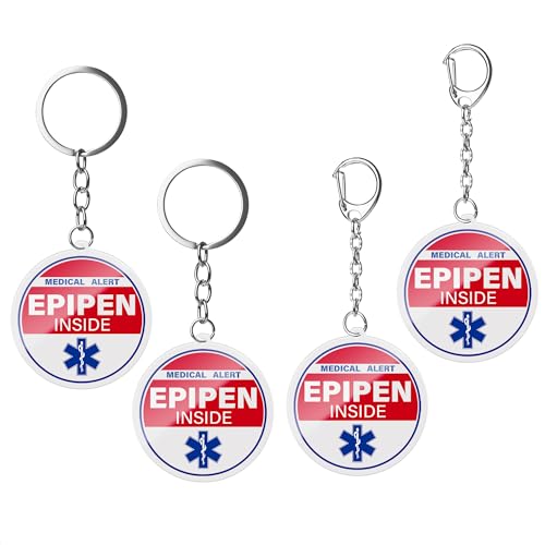 4 Pack Epipen Inside Keychain - Allergy Medical Alert Symbol Bag Tags Set, Double Side Key Tag for Zipper Pull Charm 1.4”.