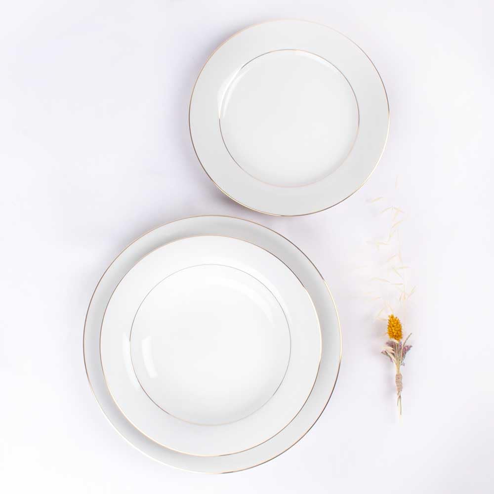 FranquiHOgar Juego de platos de porcelana blanca (18 piezas) Bremen, 6 platos llanos, 6 platos hondos, 6 platos de postre, filo de oro