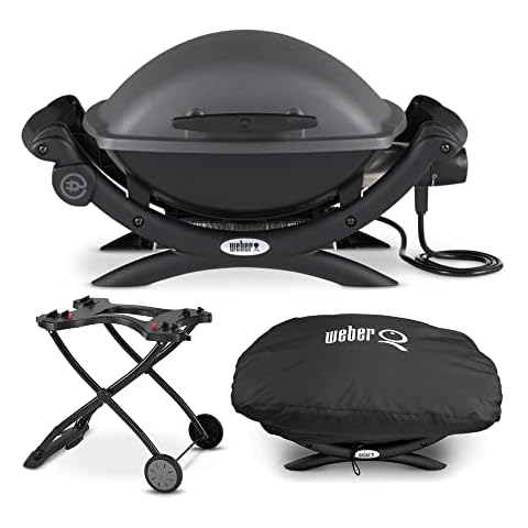 Weber Q 1400 Electric Grill with Portable Cart and Grill Cover Bundle Cover
