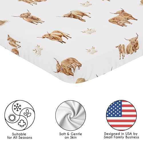 Image of Sweet Jojo Designs Baby Fitted Mini Crib Sheet (Boho Highland Cow) for Girls or Boys, Newborn /Infant Nursery, Play Yards, Portable Cribs (Farm Animal, Bohemian, Watercolor, Rustic Farmhouse, Modern)