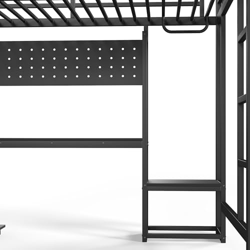 Image of Bellemave Queen Size Loft Bed with Desk and USB Ports, Computer Tray, Peg Board LED, Metal Full Loft Bed Frame for Adults, Kids, Teens, Black