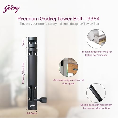 Image of Godrej Door Fittings | 6 inch Tower Bolt | Premium Matte Black Finish | Kundi for Better Grip & Easy Operation-Chitkani /Chitkini for Main Door, Bedroom, Bathroom, Wardrobe| Pack of 4|1 Year Warranty