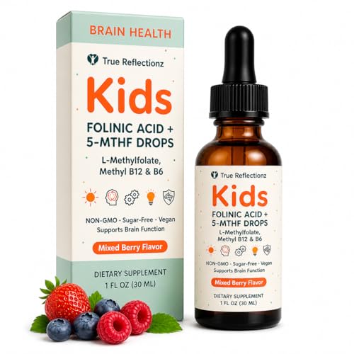 Folinic Acid Drops Kids 800 mcg + L-Methylfolate + B12 +P5P B6 Gentle Methylation Great Taste Magnesium Glycinate Vitamin D3 & C Folate Support for Brain Focus Mood & Cellular Health 5-MTHF Drops