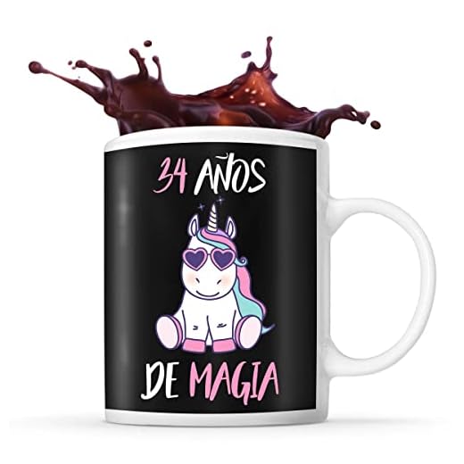 Taza de cumpleaños de 34 años con un divertido unicornio. Idea de regalo original y personalizada