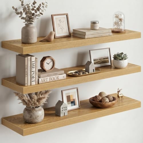 Image of Fun Memories Floating Shelves for Wall, 3 Pack 36 Inch Long Floating Shelves, 36 x 10 Wooden Shelves for Wall, Large Storage Shelves, Hanging Shelves for Bathroom Bedroom Kitchen, Oak