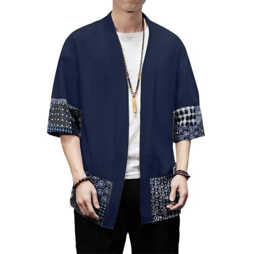 Image of PRIJOUHE Men's Kimono Jackets Cardigan Lightweight Casual Cotton Blends Linen Seven Sleeves Open Front Coat Outwear