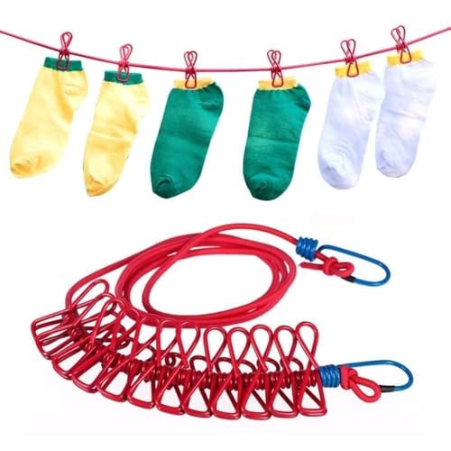 Image of JEBISON Cloth Drying Rope with Hook Cloth Hanging Rope with Clips 12 Pcs 1.8 Meter Stretchable Durable Clothesline for Travel- (Pack of(3))