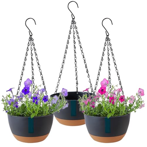 3 vasi da fiori da appendere per interni ed esterni, con ganci rotondi, per piante con fori di drenaggio e sottovaso rimovibile, per casa, giardino, balcone (grigio)