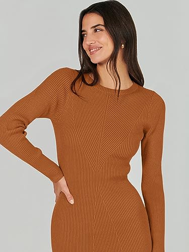 Image of ANRABESS Women Long Sleeve Sweater Dress Crewneck Bodycon Stretch Slim Fit Ribbed Knit Midi Dresses 2025 Fall Trendy Outfits Rust Small