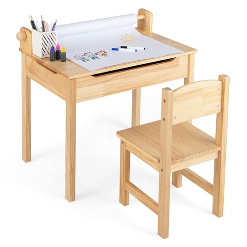 Costway Toddler Multi Activity Table with Chair, Kids Art and Crafts Table with Paper Roll Holder, Self-Contained Storage, Kids Sensory Table for Drawing Studying Writing