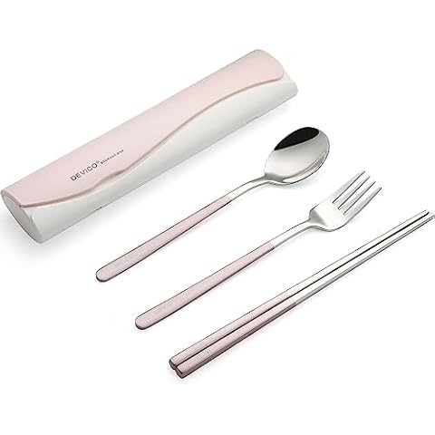 DEVICO Portable Travel Utensils with Case, Reusable Camping Silverware for Lunch, 18/8 Stainless Steel Cutlery Set (Pink) Cover