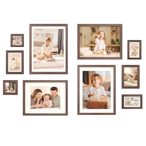 Egofine Picture Frame Set 10 Pack, Picture Frames Collage Wall Decor with Two 12x16,Two 11x14,Two 5x7,Two 4x6,Two 4x4 for Wall and Tabletop, Made of Solid Wood, Covered by Plexiglass, Rustic Brown