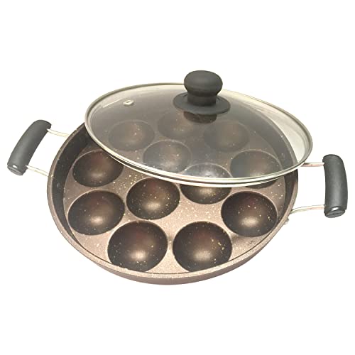 Appam Pan Nonstick Coating Appam Patra with Glass Lid Aluminum Appam Maker Appe Patra Paniyaram Pan Appa Chetty Paniyaram Stuffed Pan Patra Size 9.5 Inch