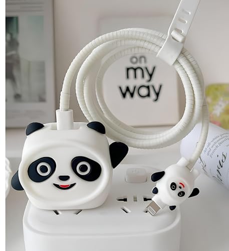Image of skysia Charger & Cable Protector for iPhone (18W-20W) - 3D Cute White Panda Design, Full Protection Cover, Data Line Wire Saver, 4-in-1 Silicone Set (Multicolored, Pack of 1)