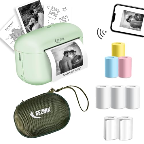 Image of SEZNIK Mini Bluetooth Thermal Printer Bundle with Protective Carry Case | 304 DPI Ultra HD Portable Inkless Printer | Android & iOS Compatible | for Notes, Photos, Labels & Receipts | 1 Year Warranty