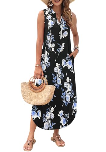 Image of AUSELILY Womens Summer Casual Maxi Dresses 2026 Sleeveless Long Beach Dresses V Neck Loose Sundresses with Side Split Pockets