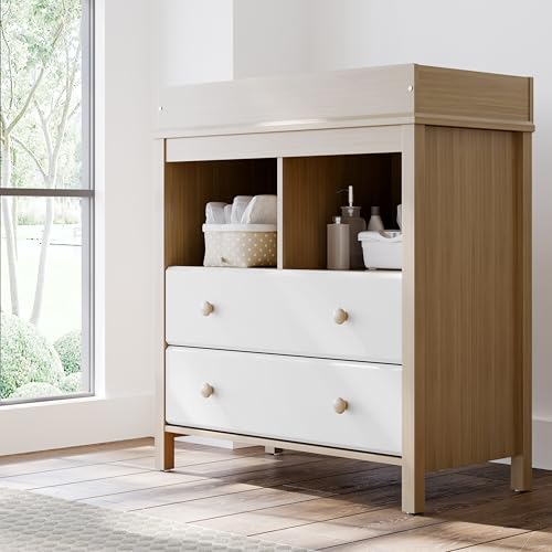 Image of Storkcraft Alpine Nursery Changing Table Dresser Combo (White with Driftwood) - GREENGUARD Gold Certified, Dresser for Nursery, Changing Table with Drawers, Removable Changing Table Topper