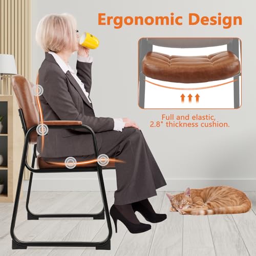 Image of CLATINA Big & Tall 500 lb Waiting Room Chairs with Padded Armrests and Sled Base, Leather Stationary No Wheels Office Guest Chair for Reception Lobby Home and Meeting Conference, Brown