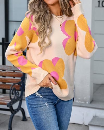 Image of Women's Long Sleeve Crewneck Floral Sweater Fall Casual Cute Oversized Knitted Pullover Jumper Top